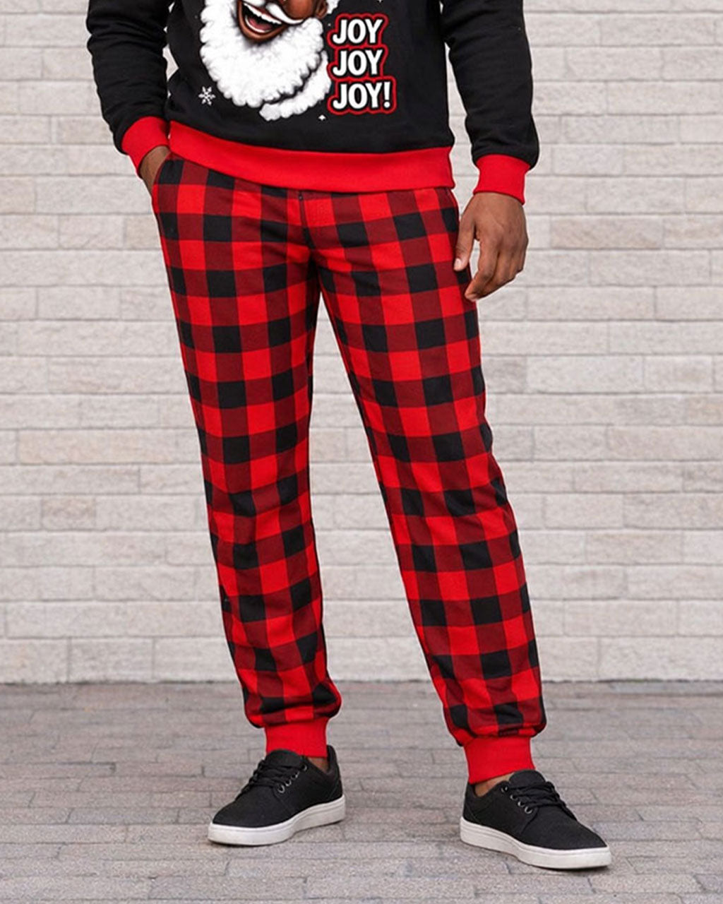 Large Size Men's Autumn And Winter Warm Red Christmas Plaid Stitching Chest Large Printed Hoodie Sweatpants Set