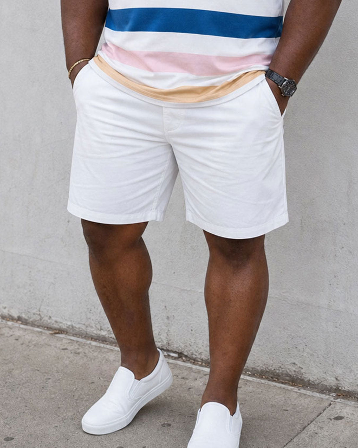 Big & Tall Men's Summer Casual Blue Striped With White Shorts POLO Shirt Short Sleeve Shorts Set