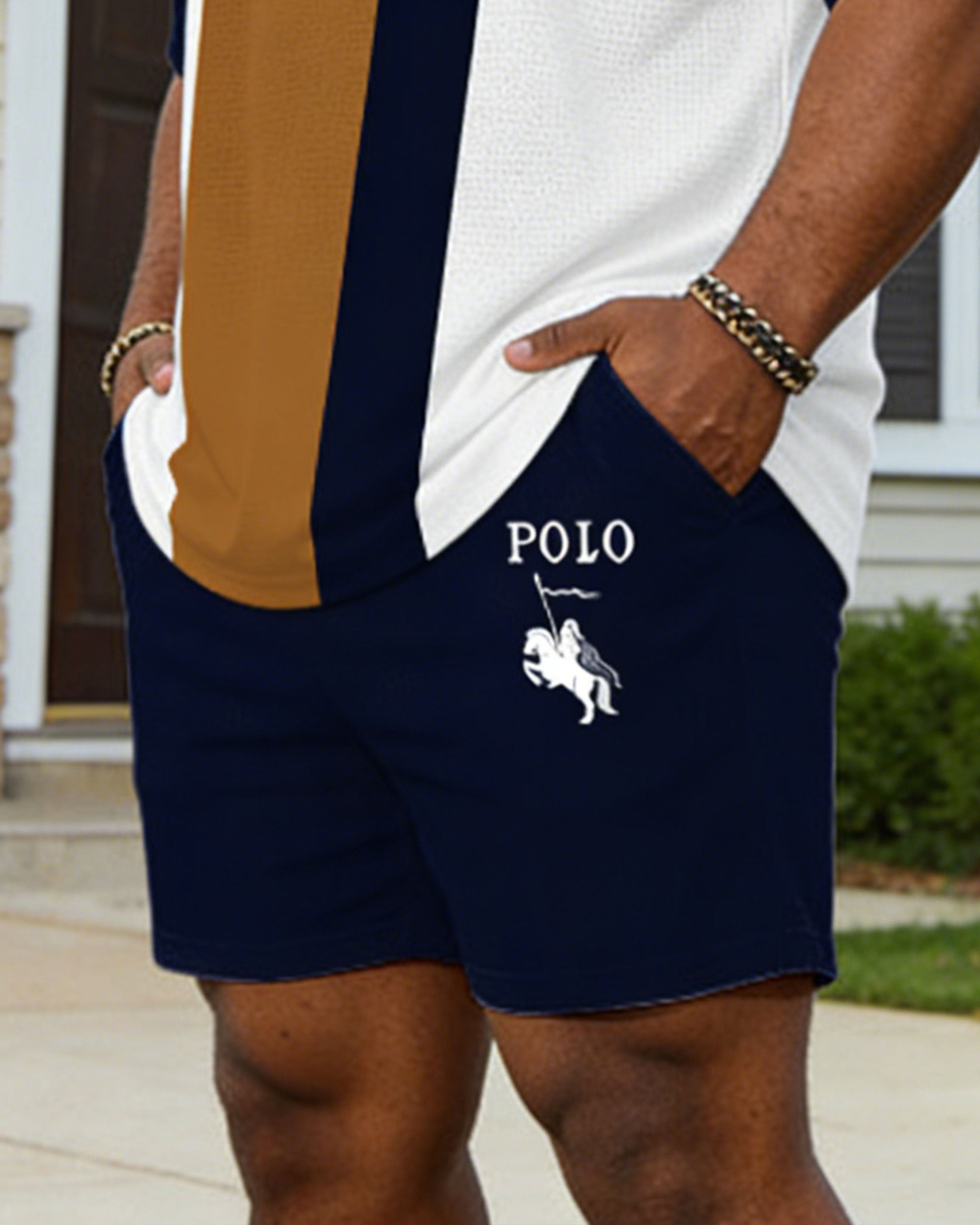 Large Size Men's Spring And Summer Leisure Vacation Dark Treasure Blue Contrast Stitching Chest Small Label Printed Party Dating Valentine's Day Short Sleeve POLO Shirt Shorts Set