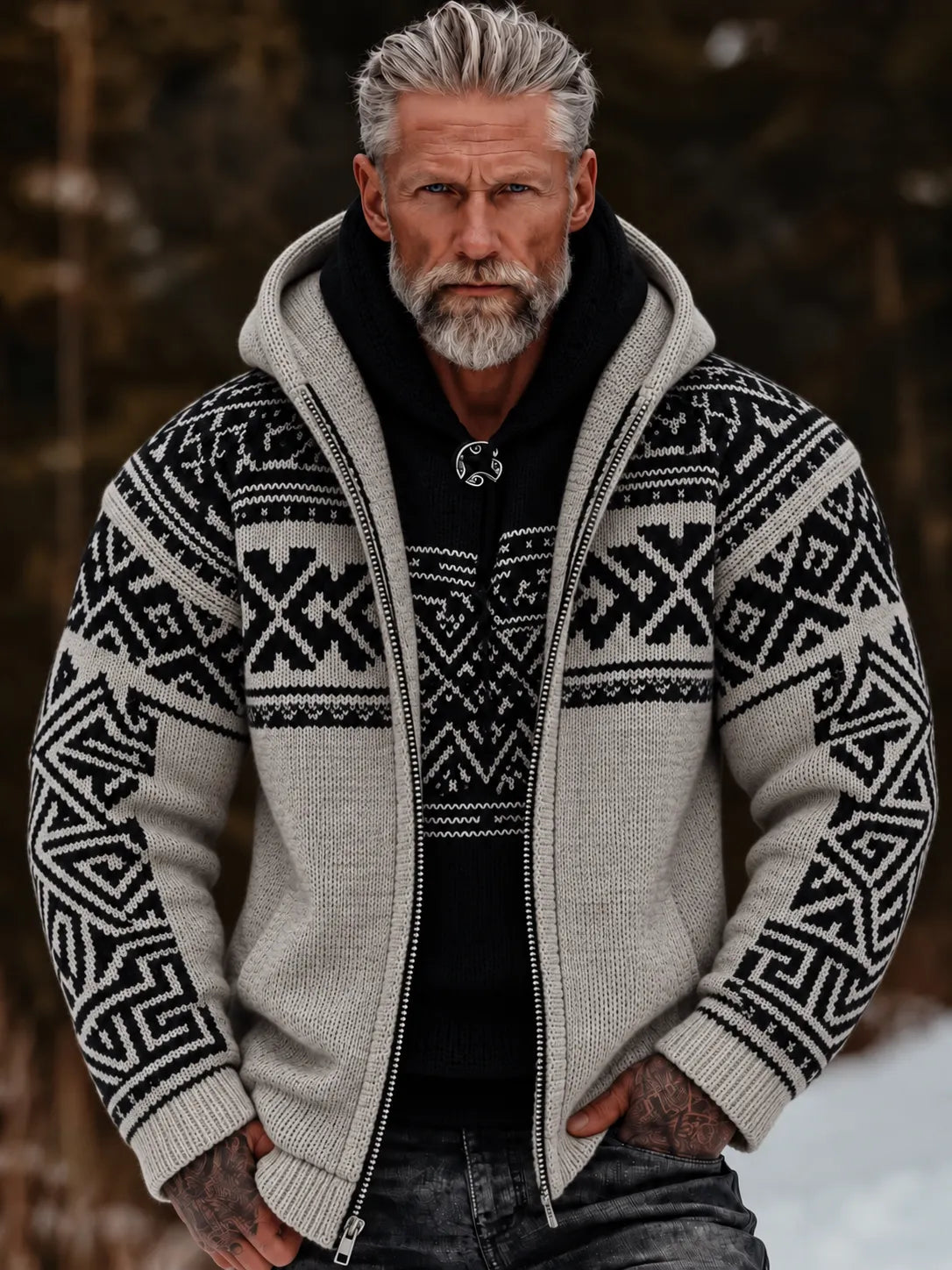 Men's Vintage Geometry Art Cozy Warm Knitted Jacquard Zipper Hooded Sweater