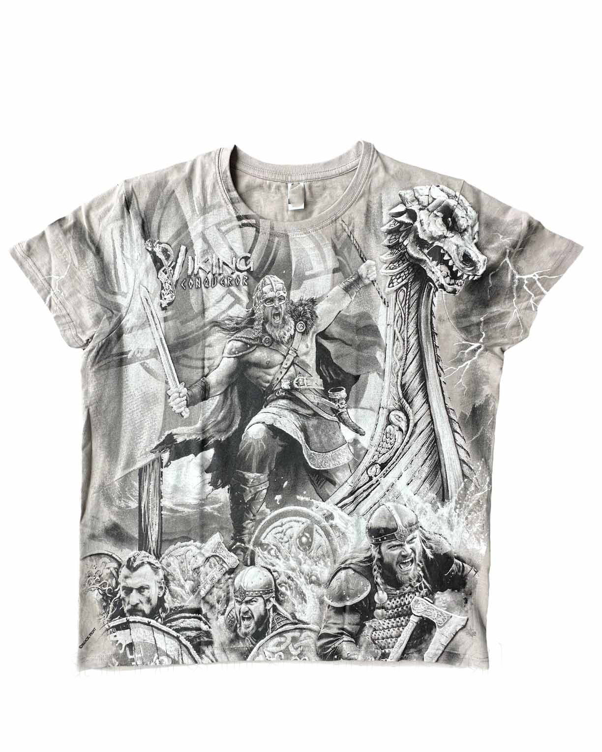 Plus Size Rice Gray Print T-shirt In A Bold And Intense Viking-themed Design-printed Front And Back