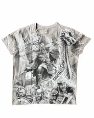 Plus Size Rice Gray Print T-shirt In A Bold And Intense Viking-themed Design-printed Front And Back