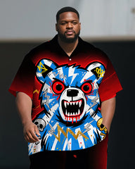 Men's Big Size Fashion Anime Angry Bear Gradient Casual 2-Piece Short Sleeve Shirt Pants Set