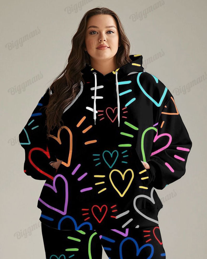 Women's Big & Tall Jogging Set Colorful Heart Print Hoodie Pants Set