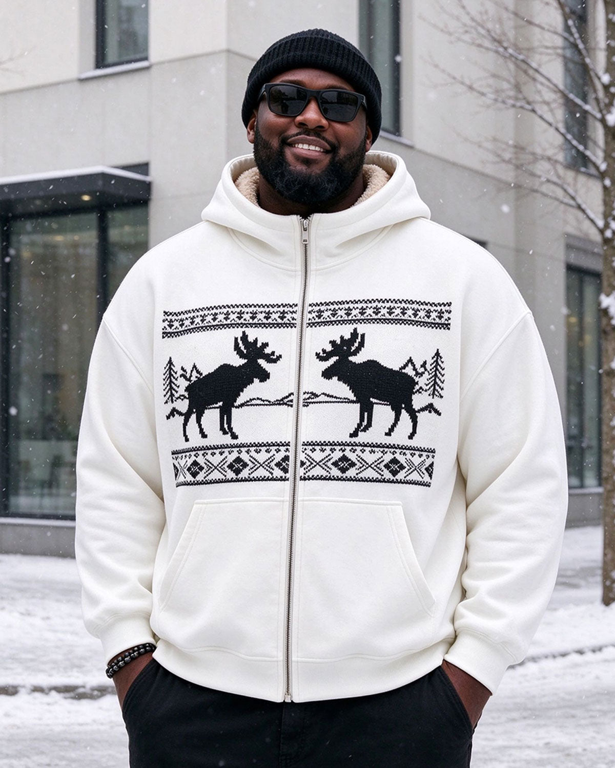 Large Size Men's Autumn And Winter Warm Fleece-lined Cold-proof Christmas White Elk Mascot Casual Jacket Hooded Jacket
