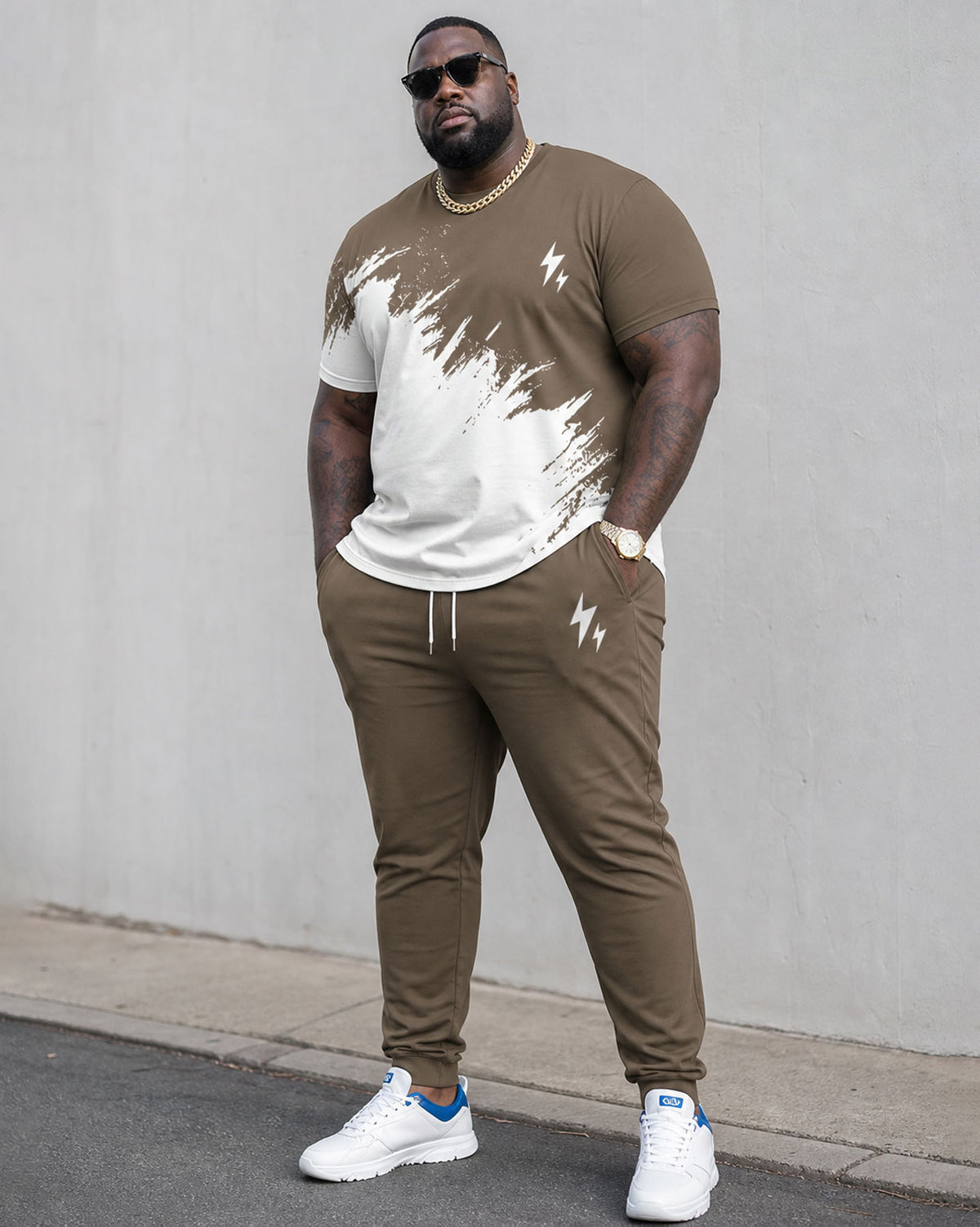 Big & Tall Men's Khaki * White Splash Ink Design Chest Small Label Letter Print Short Sleeve T-Shirt Pants Set