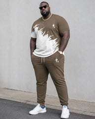 Big & Tall Men's Khaki * White Splash Ink Design Chest Small Label Letter Print Short Sleeve T-Shirt Pants Set
