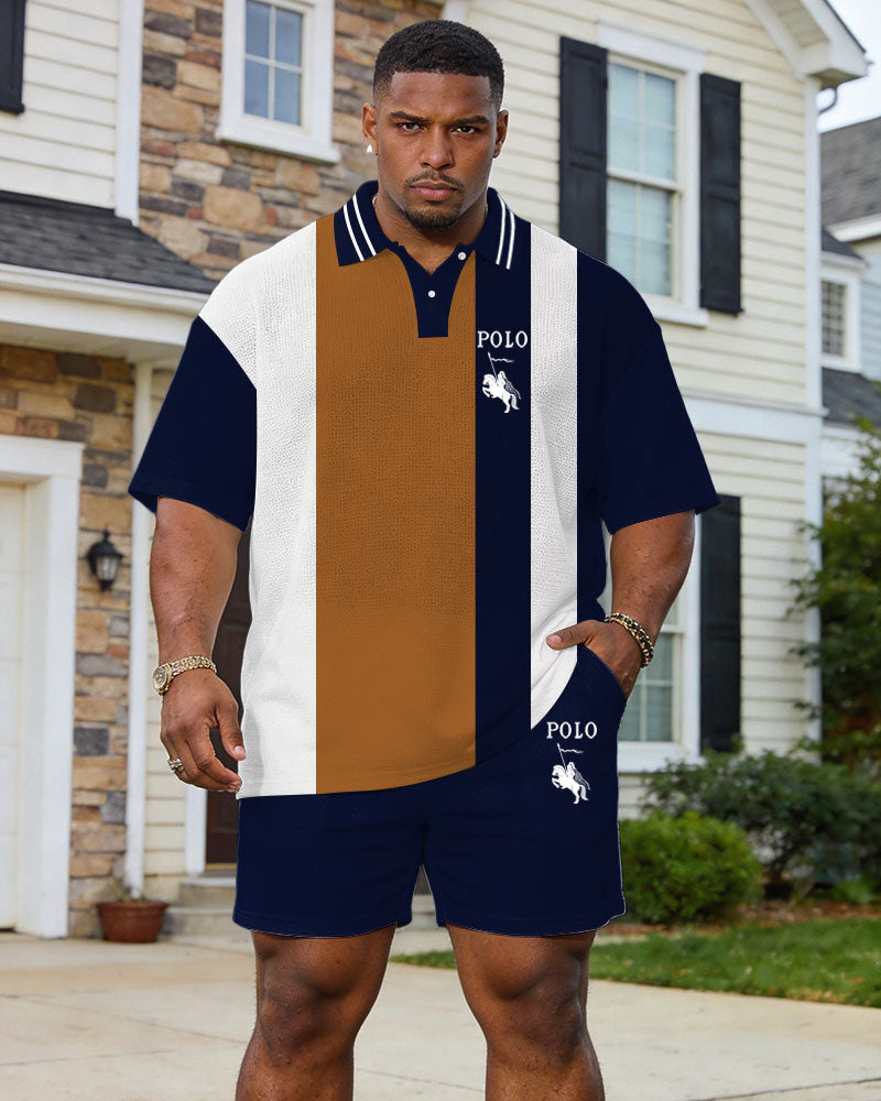 Large Size Men's Spring And Summer Leisure Vacation Dark Treasure Blue Contrast Stitching Chest Small Label Printed Party Dating Valentine's Day Short Sleeve POLO Shirt Shorts Set