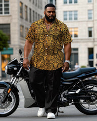Big & Tall Men's Gold Baroque Short Sleeve Shirt Pants Set