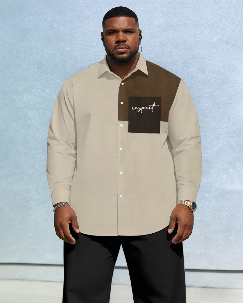 Men's Plus Size Casual Holiday Dating Colour Block Patchwork Khaki Letter Pocket Printed Wrinkle-resistant New Lassel Long Sleeve Shirt