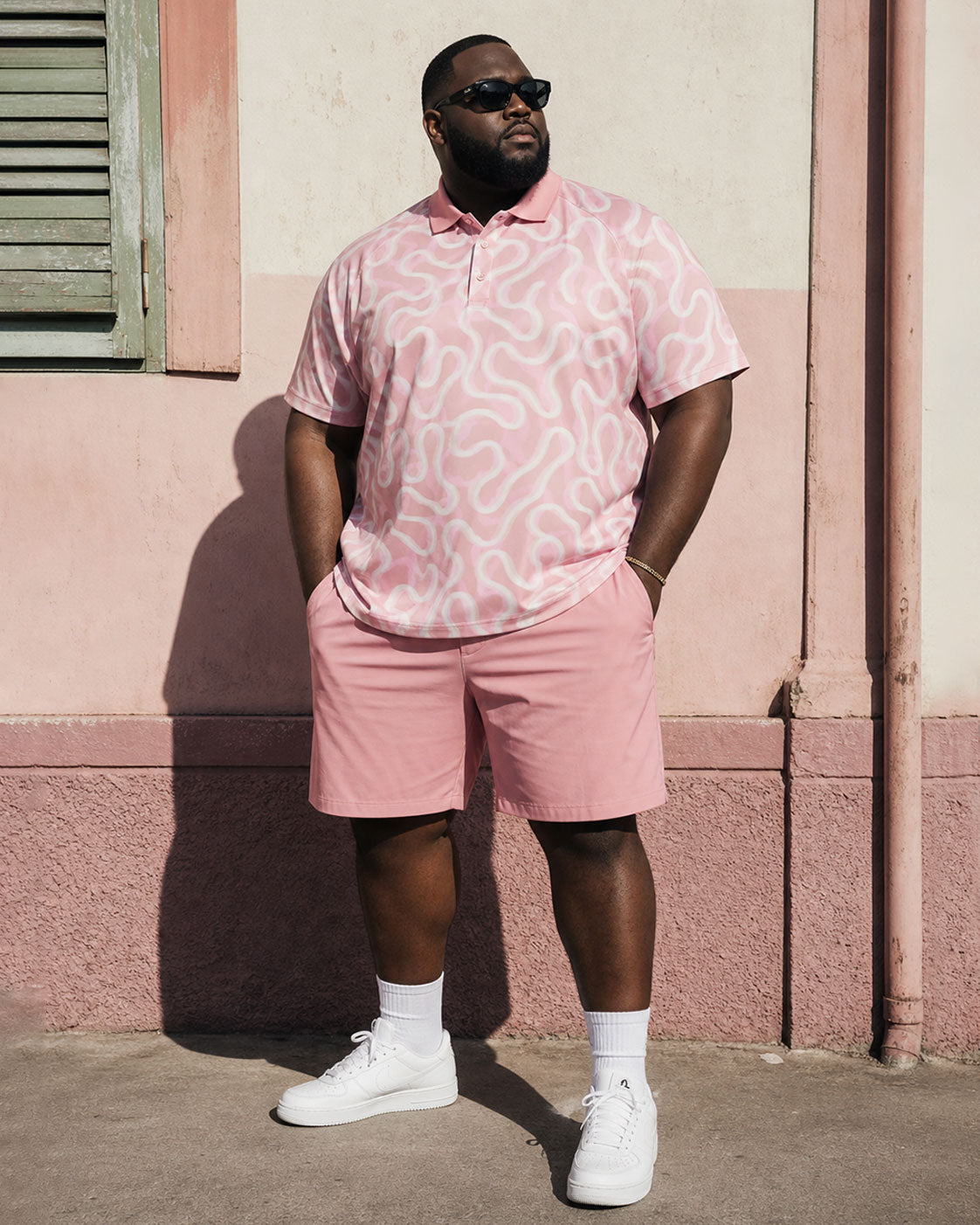 Big & Tall Men's Pink High-end Jacquard Business Leisure Vacation POLO Shirt Short-sleeved Shorts Set