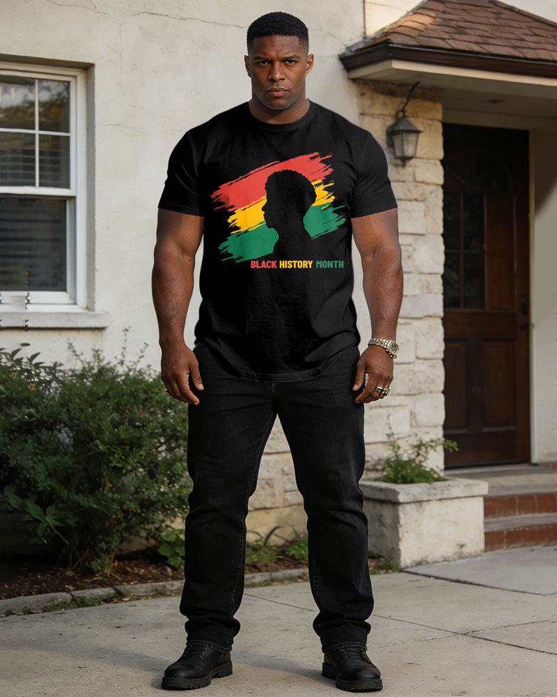 Men's Large Size Loose Comfortable Black Festival Celebration Velvet Friends Send Relatives Slogan Printed Short Sleeve T-Shirt