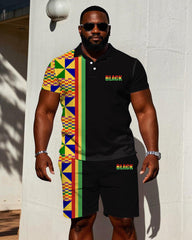 Big & Tall Men' African Kent Cloth Stitching BLACK Printed Short Sleeve POLO Shirt Shorts Set