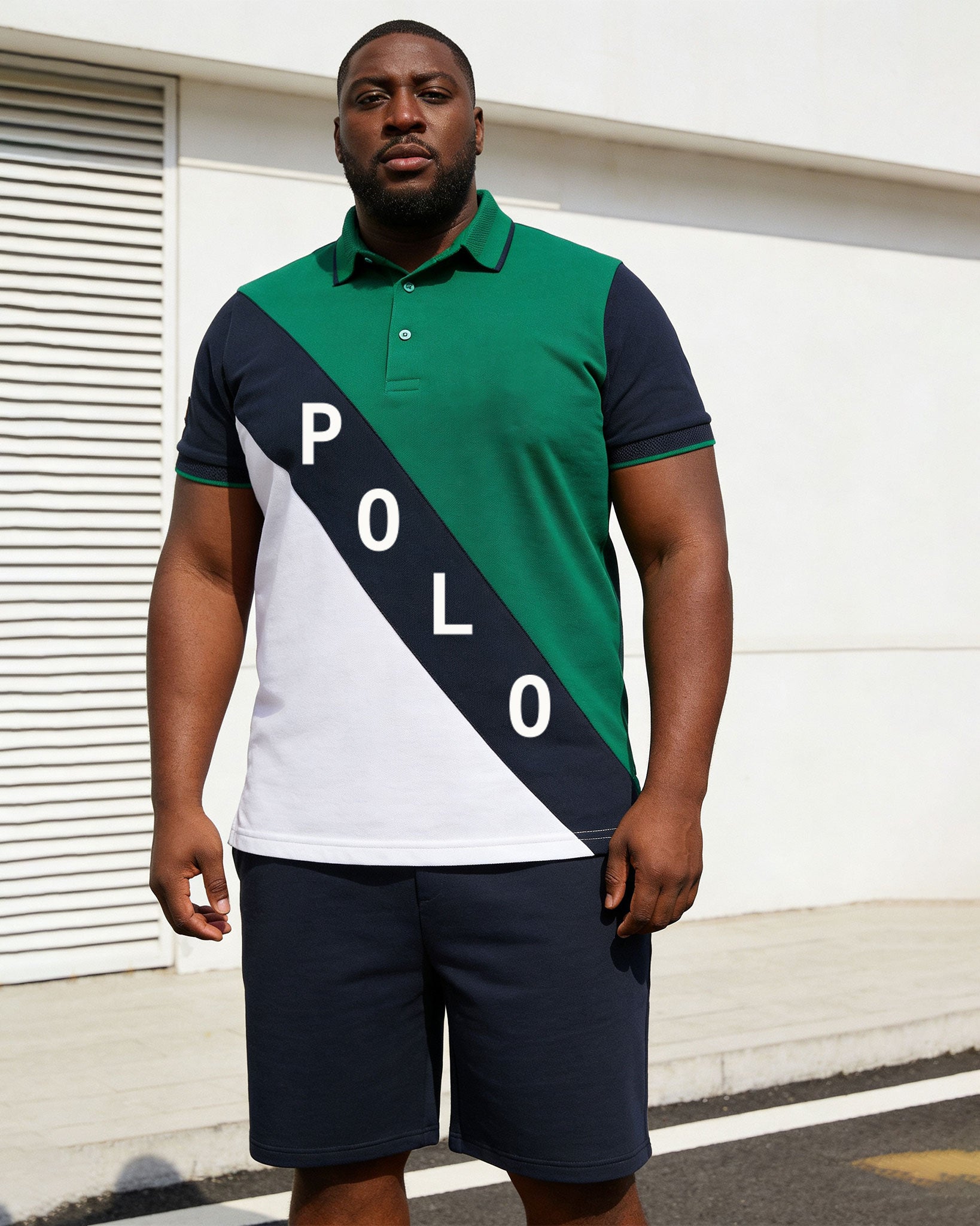 Big & Tall Men's Green & White... Dark Blue Twill Contrast Color Large Label Printed POLO Shirt Short Sleeve Shorts Set