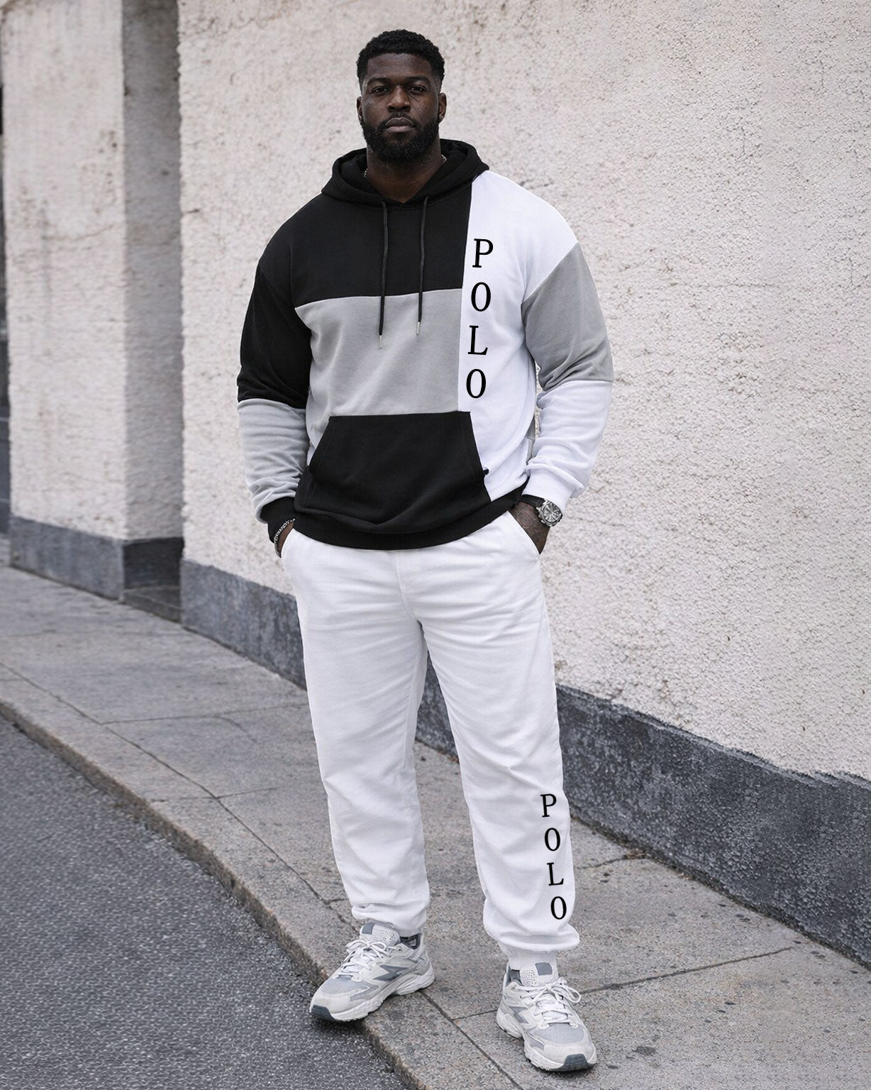 Large Size Men's Autumn And Winter Warm Classic Black Gray White Contrast Color Geometric Stitching Printed Hoodie Sweatpants Set