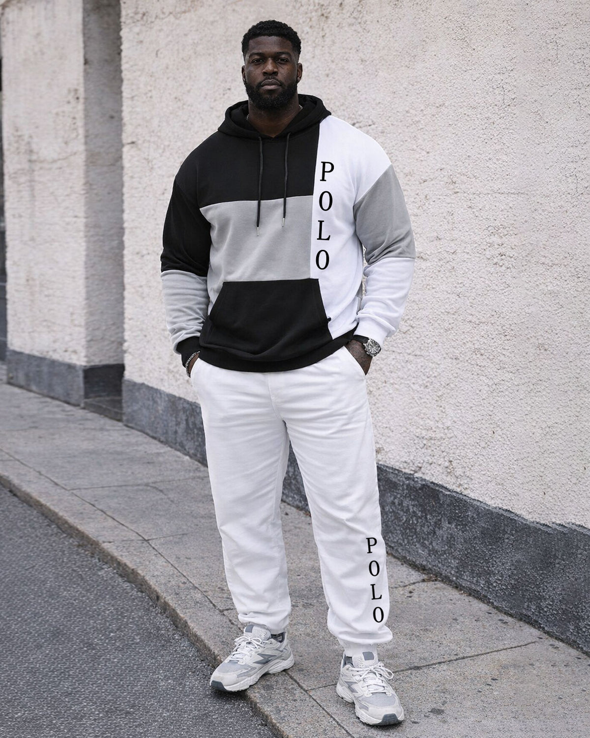 Large Size Men's Autumn And Winter Warm Classic Black Gray White Contrast Color Geometric Stitching Printed Hoodie Sweatpants Set