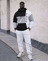 Large Size Men's Autumn And Winter Warm Classic Black Gray White Contrast Color Geometric Stitching Printed Hoodie Sweatpants Set