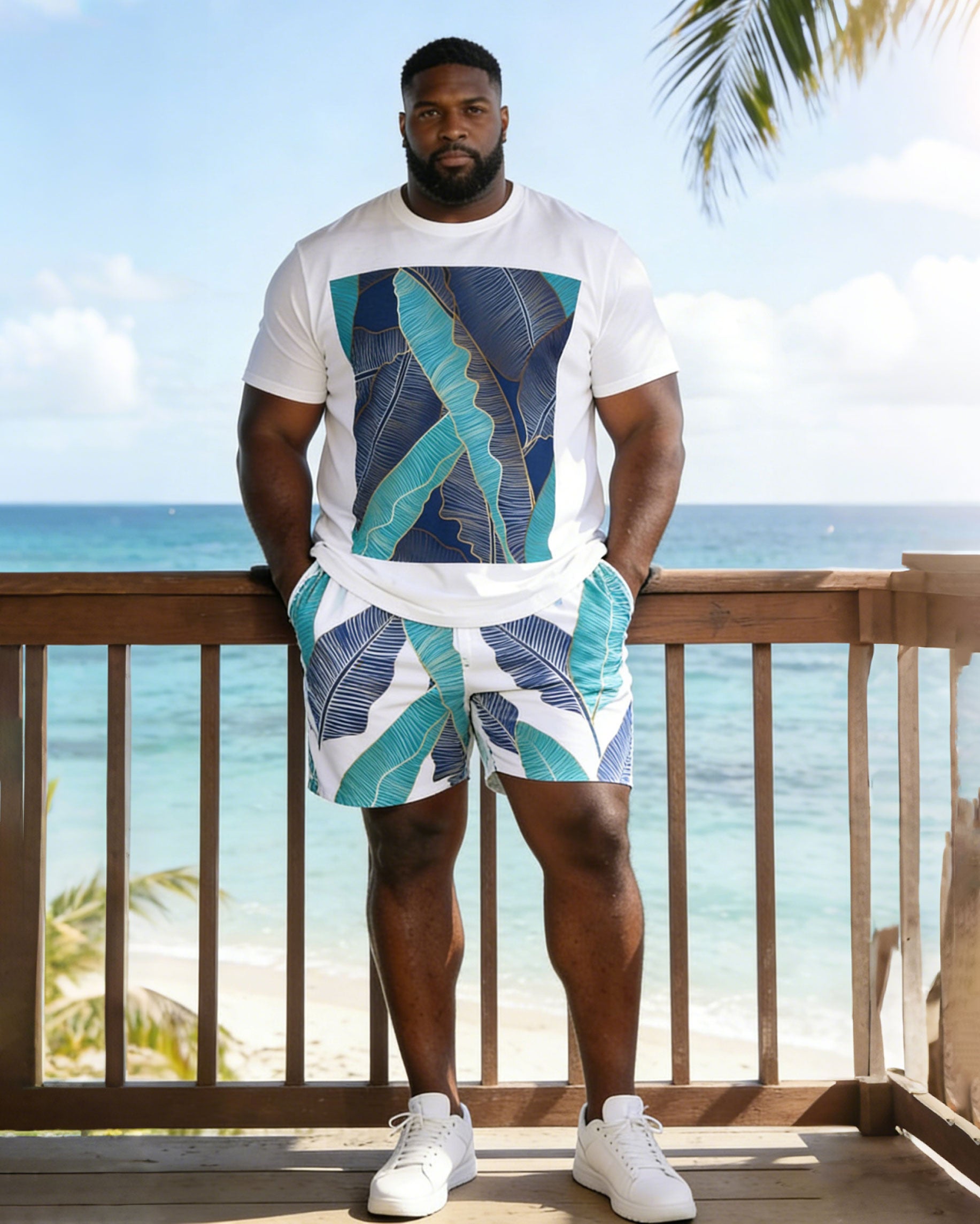 Hawaii Holiday Big Leaf Men's Large Size Short Sleeve T-Shirt Shorts Set