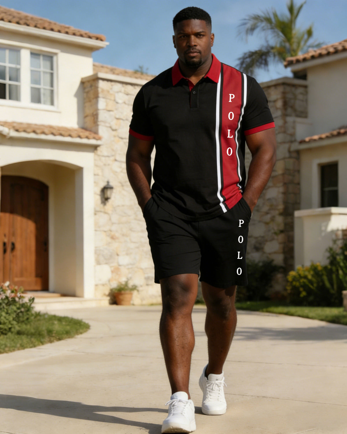 Men's Plus Size Black & Red Classic Contrast Printed Short Sleeve Polo Shirt Shorts Set