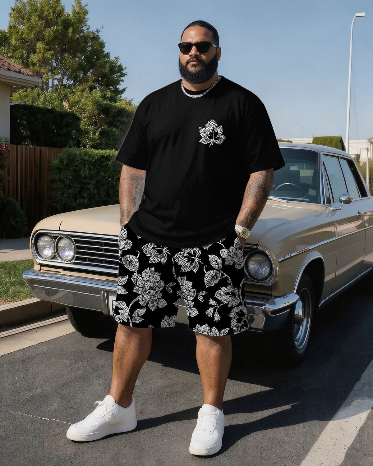 Big & Tall Men' Chest Print Street Style Short Sleeve T-shirt Shorts Set