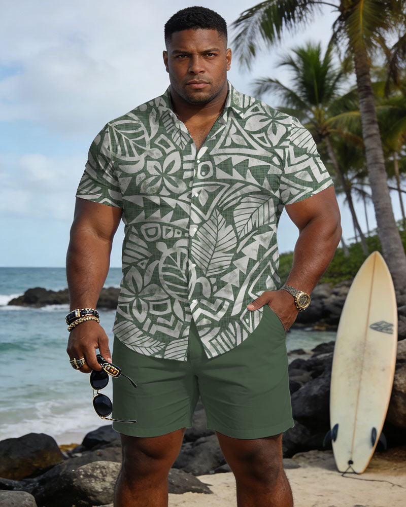Big & Tall Men's Hawaiian Holiday Style Green Short Sleeve Shirt Shorts Set