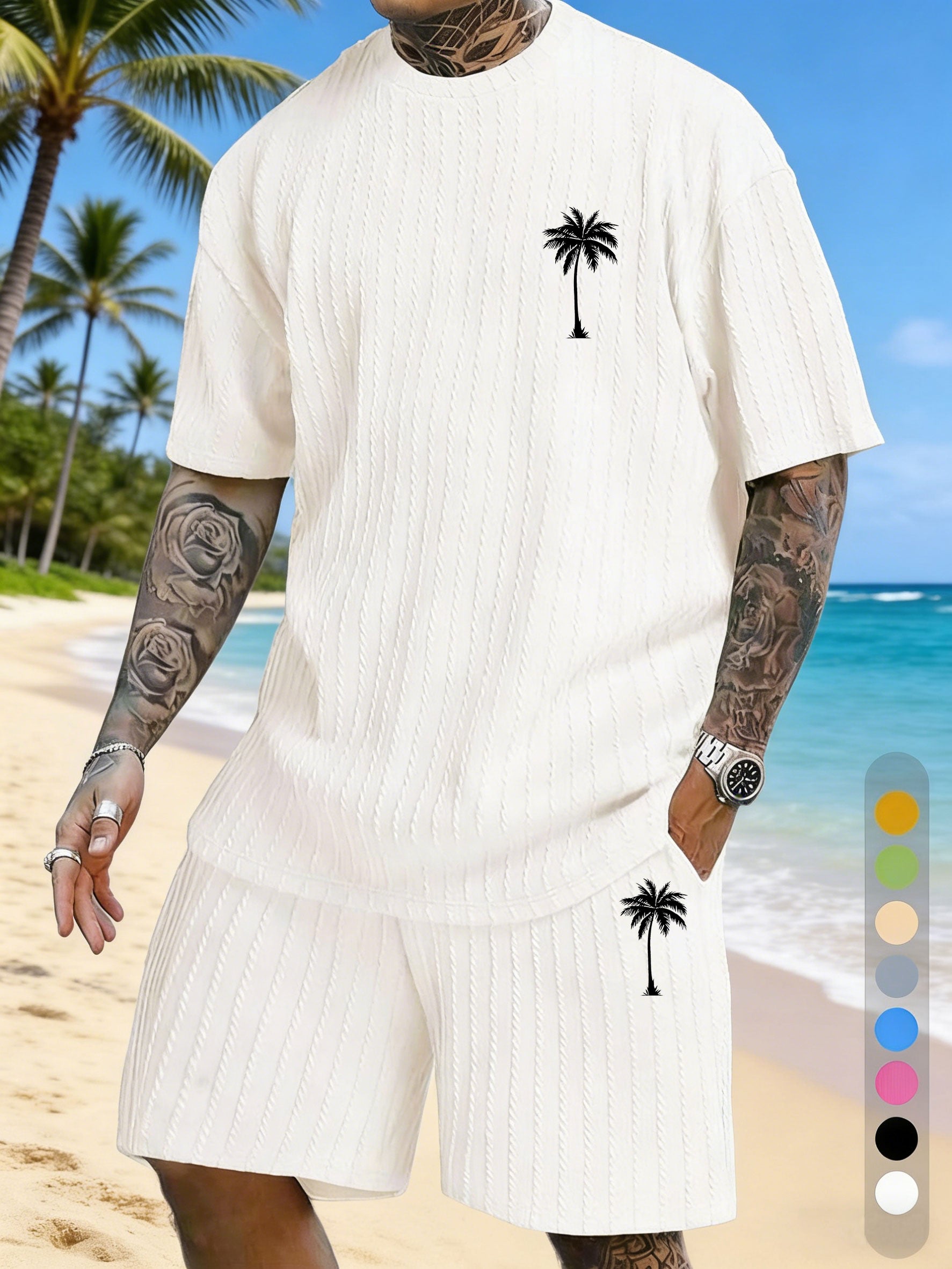 Coconut Tree Print Texture Three-dimensional Jacquard Large Size Casual Set On Chest