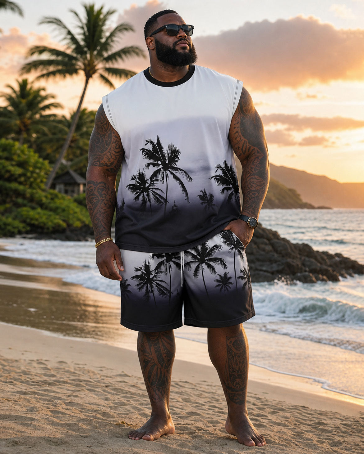 Big & Tall Men's Black & White Gradient Plant Silhouette Print Scene Vest Shorts Set