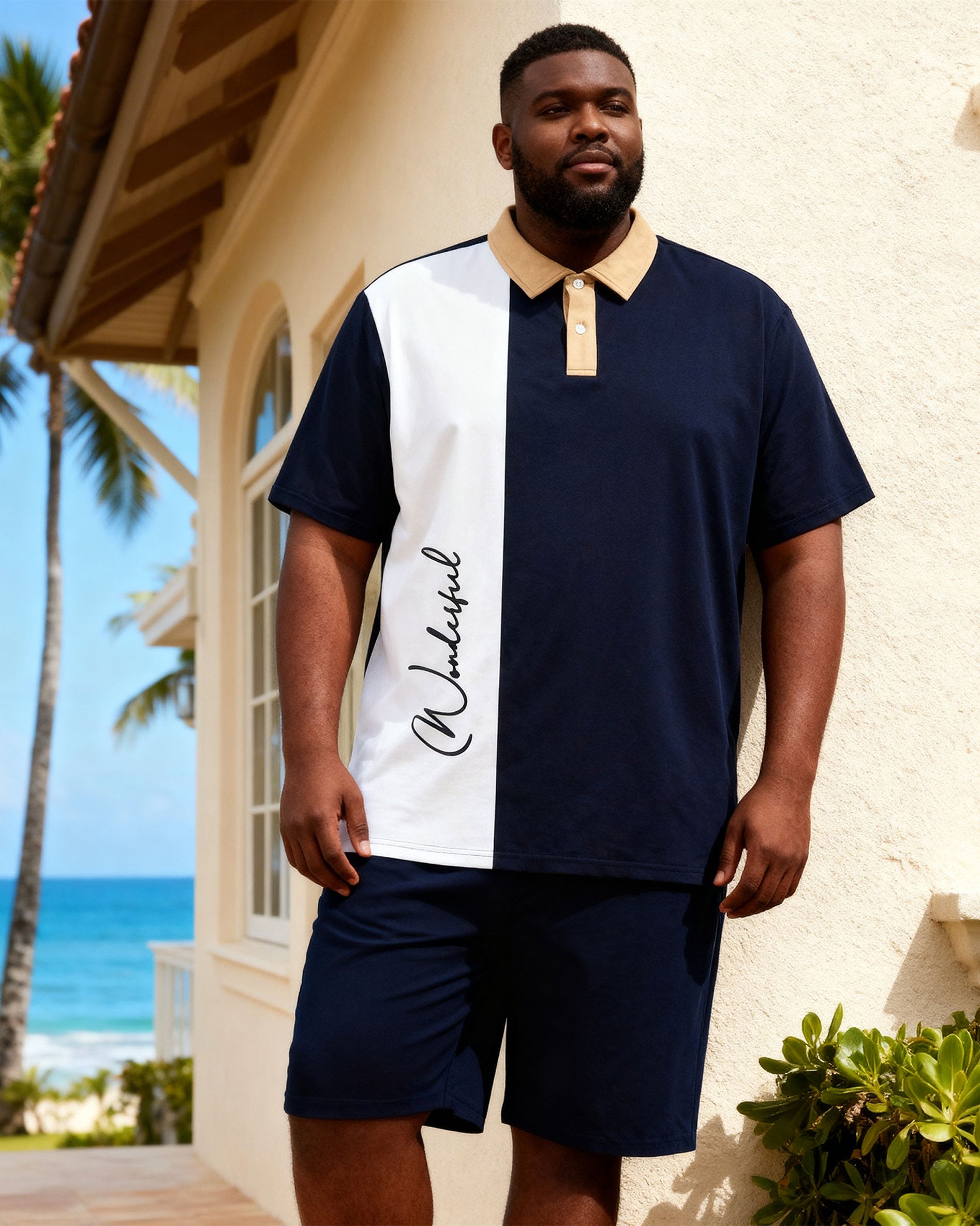 Big & Tall Men's Simple Casual Royal Blue & White Beautiful Slogan Side Printed POLO Shirt Shorts Set