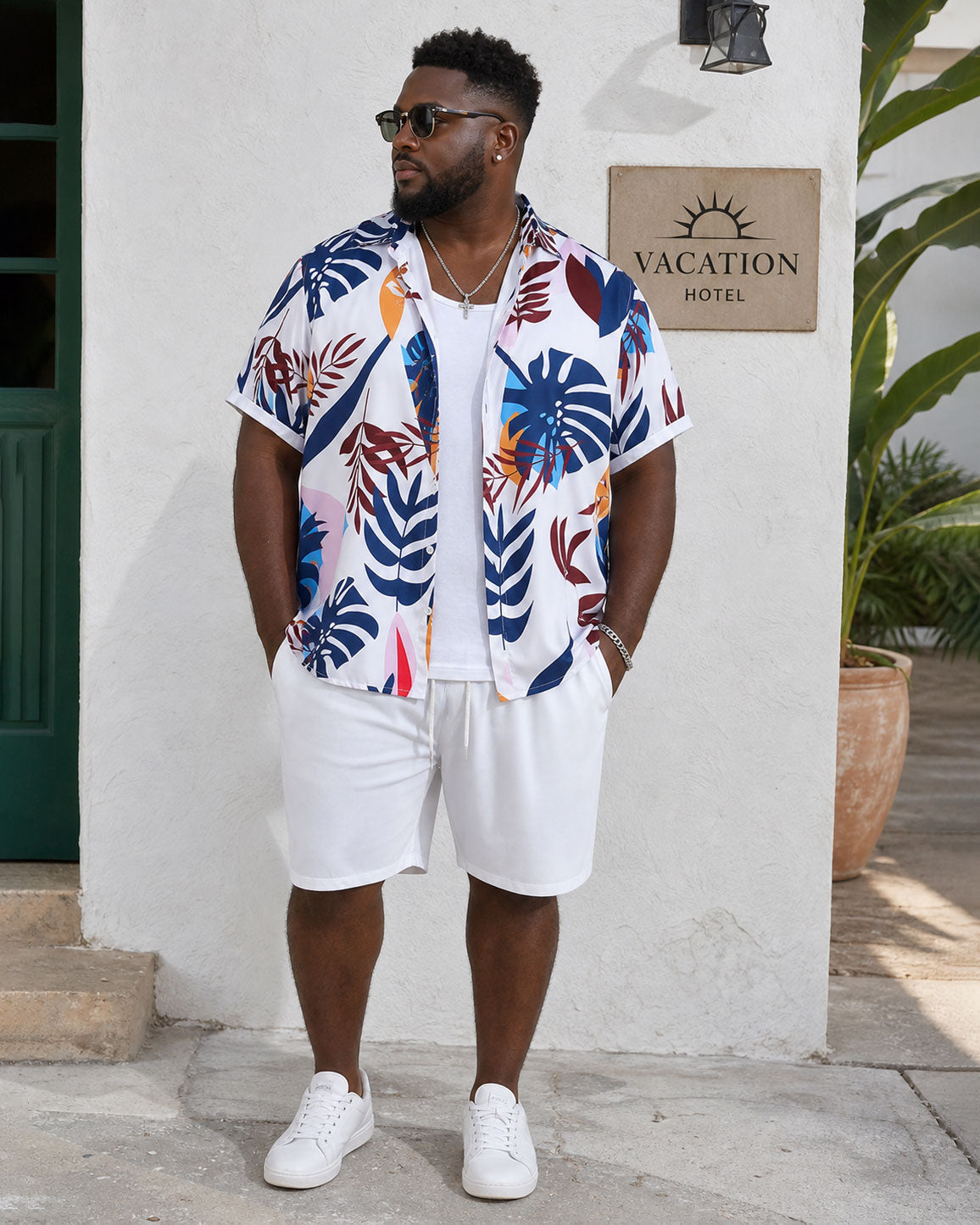 Big & Tall Men's Hawaiian Classic Floral Shirt Big Leaf Floral Print Short Sleeve Button-Up Shirt Shorts Set