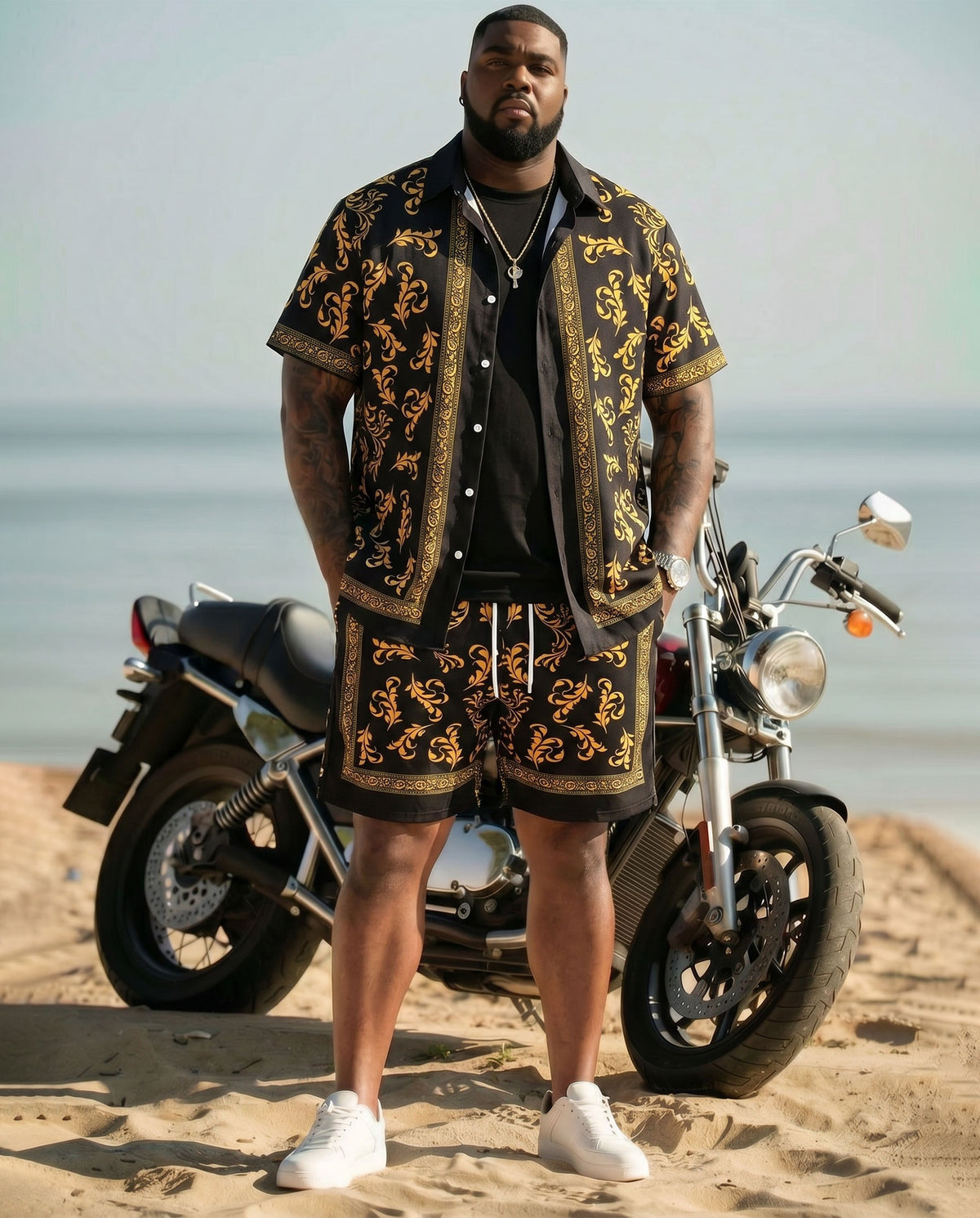 Big & Tall Men's Luxury Baroque Pattern Gold 7 Black Short Sleeve Cardigan Shirt Shorts Set