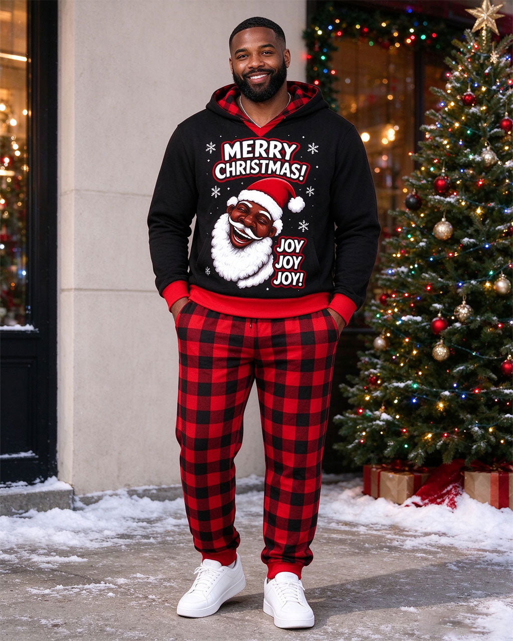 Large Size Men's Autumn And Winter Warm Red Christmas Plaid Stitching Chest Large Printed Hoodie Sweatpants Set
