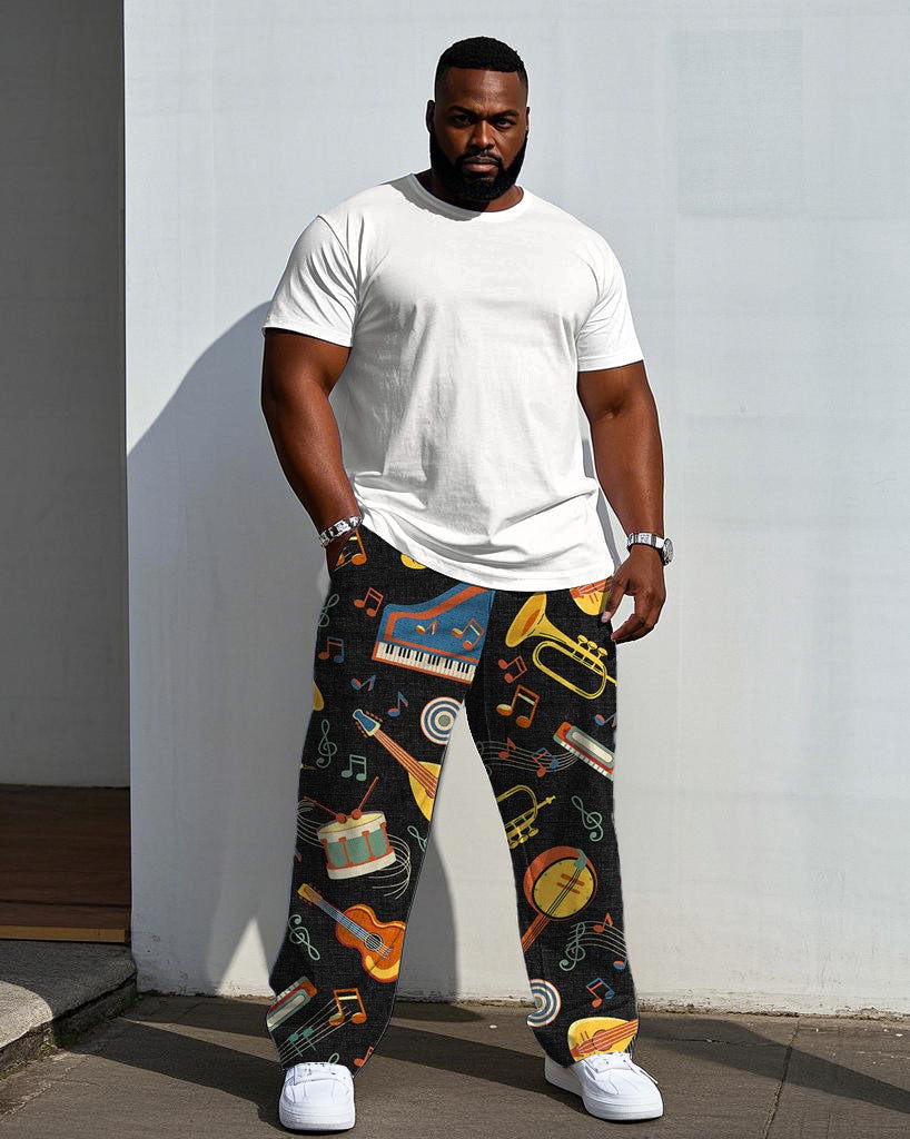 Big & Tall Men's Music Print Black Loose Knit Trousers