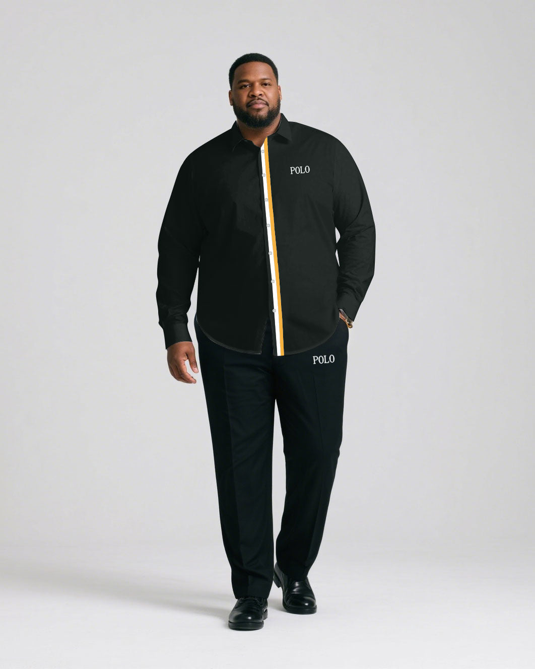 Men's Large Size Casual Simple Black & White & Yellow Line Cardigan Placket Color Contrast Simple Long Sleeve Shirt Trousers Business Casual Suit