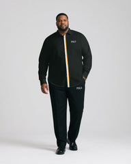 Men's Large Size Casual Simple Black & White & Yellow Line Cardigan Placket Color Contrast Simple Long Sleeve Shirt Trousers Business Casual Suit