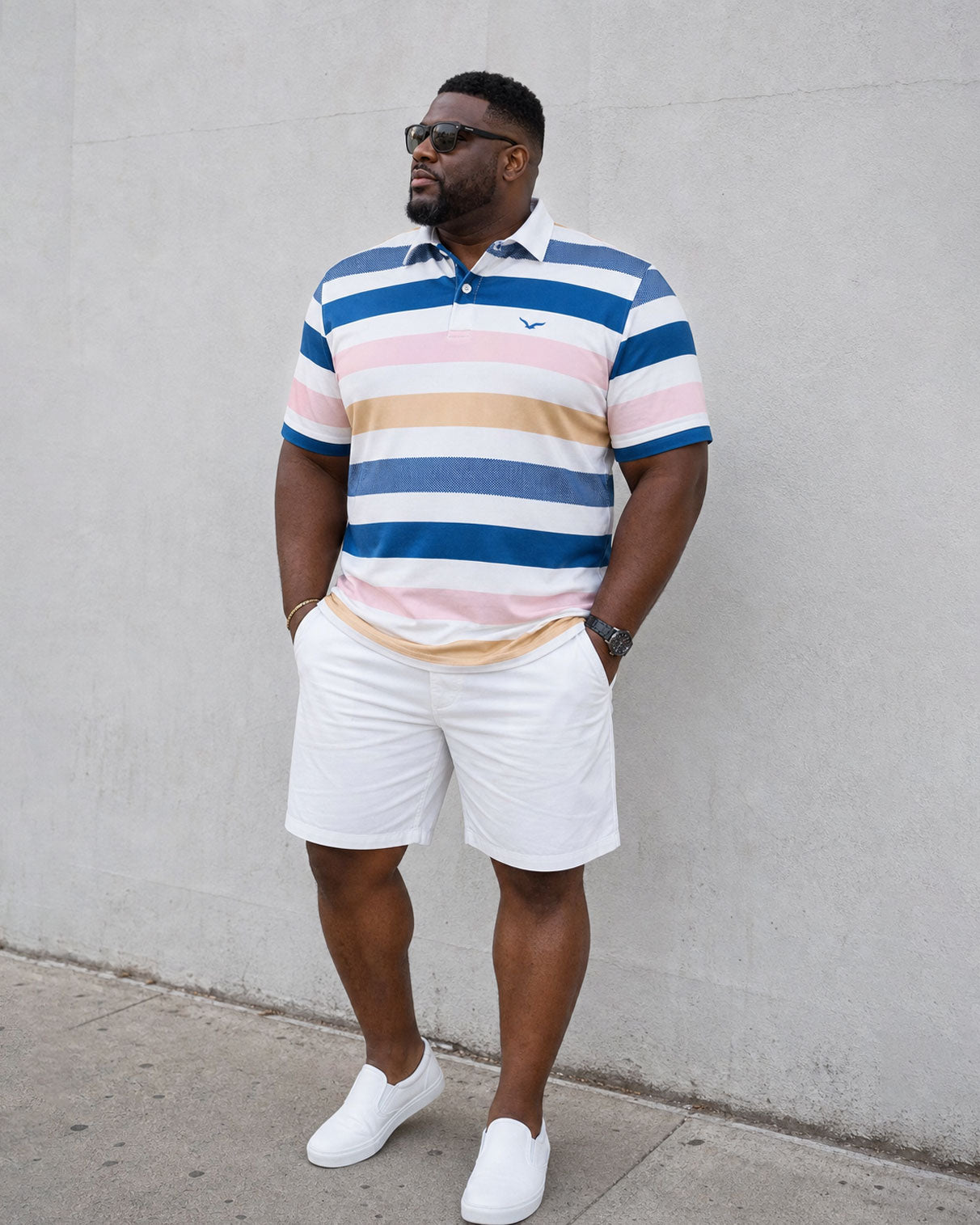 Big & Tall Men's Summer Casual Blue Striped With White Shorts POLO Shirt Short Sleeve Shorts Set