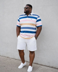 Big & Tall Men's Summer Casual Blue Striped With White Shorts POLO Shirt Short Sleeve Shorts Set