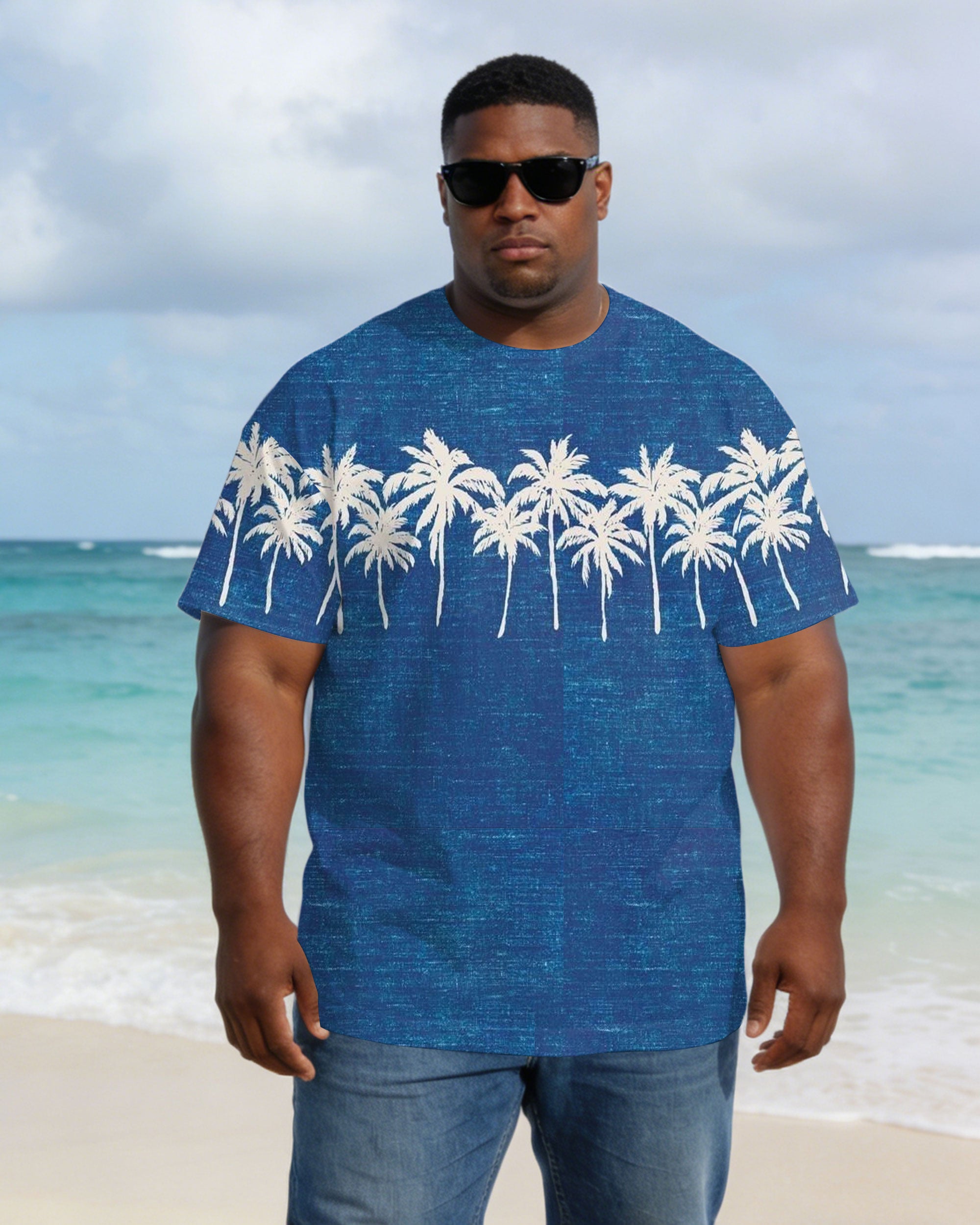 Men's Large Blue Distressed Wash Print Coconut Tree Short Sleeve T-shirt