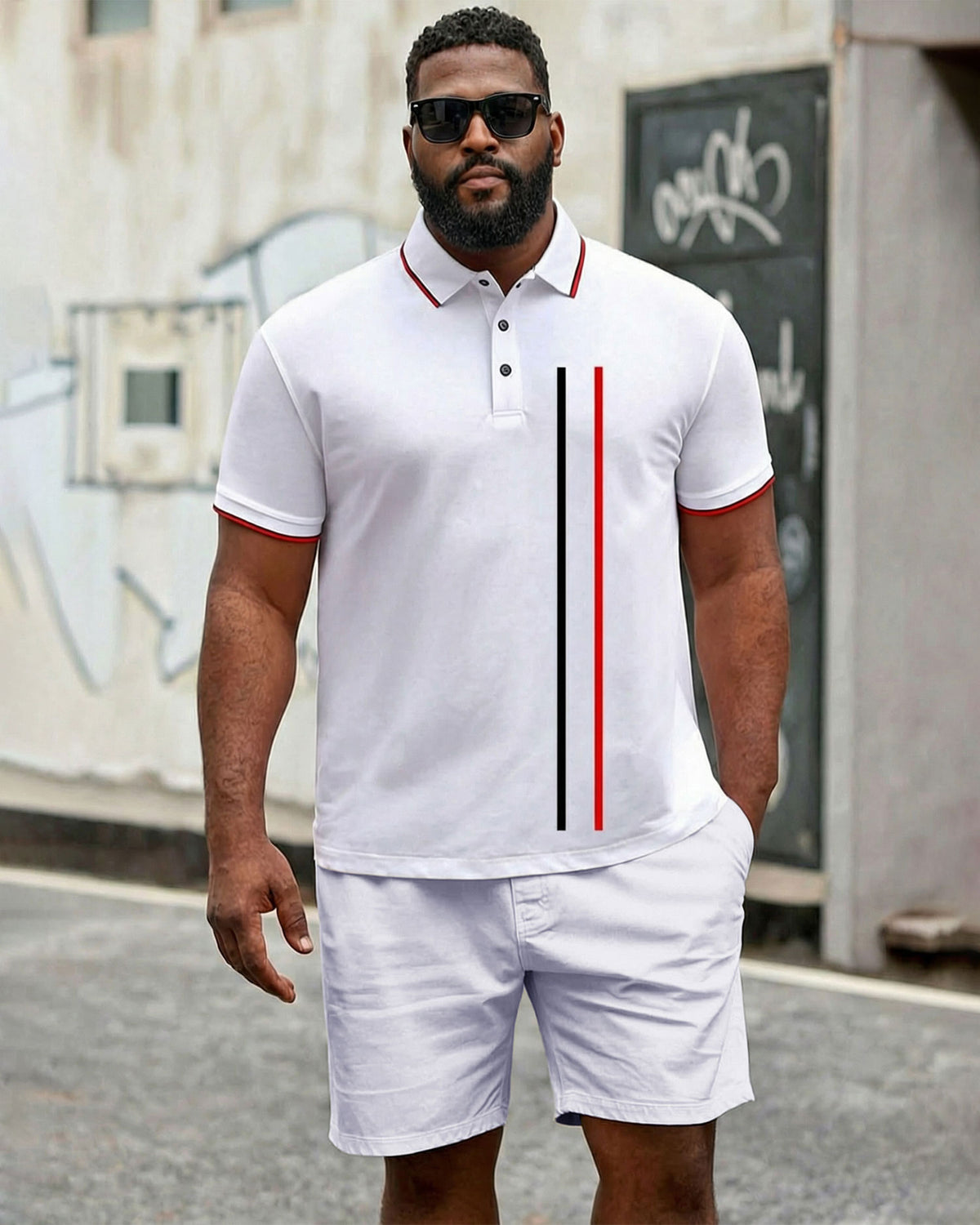 Big & Tall Men's Simple Business Casual White Short-sleeved Polo Shirt Shorts Set