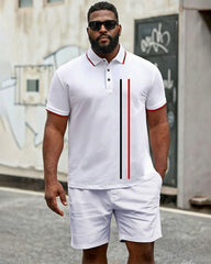 Big & Tall Men's Simple Business Casual White Short-sleeved Polo Shirt Shorts Set
