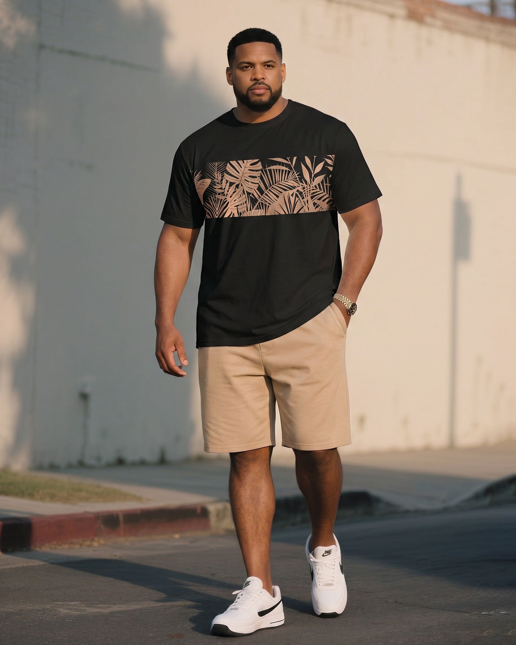 Big & Tall Men's Khaki & Black Hawaiian Casual Stitching T-Shirt Shorts Set