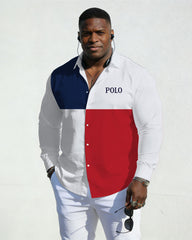 Men's Plus Size Casual Vacation Party Couple Dressing Dress Up Blue & White & Red Stitching Chest Small Label Printed Wrinkle-resistant New Lap-collar Long-sleeved Shirt