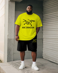 Big & Tall Men's Fluorescent Yellow Line Curved Dragon Printed Round Neck Short Sleeve T-shirt Shorts Suit
