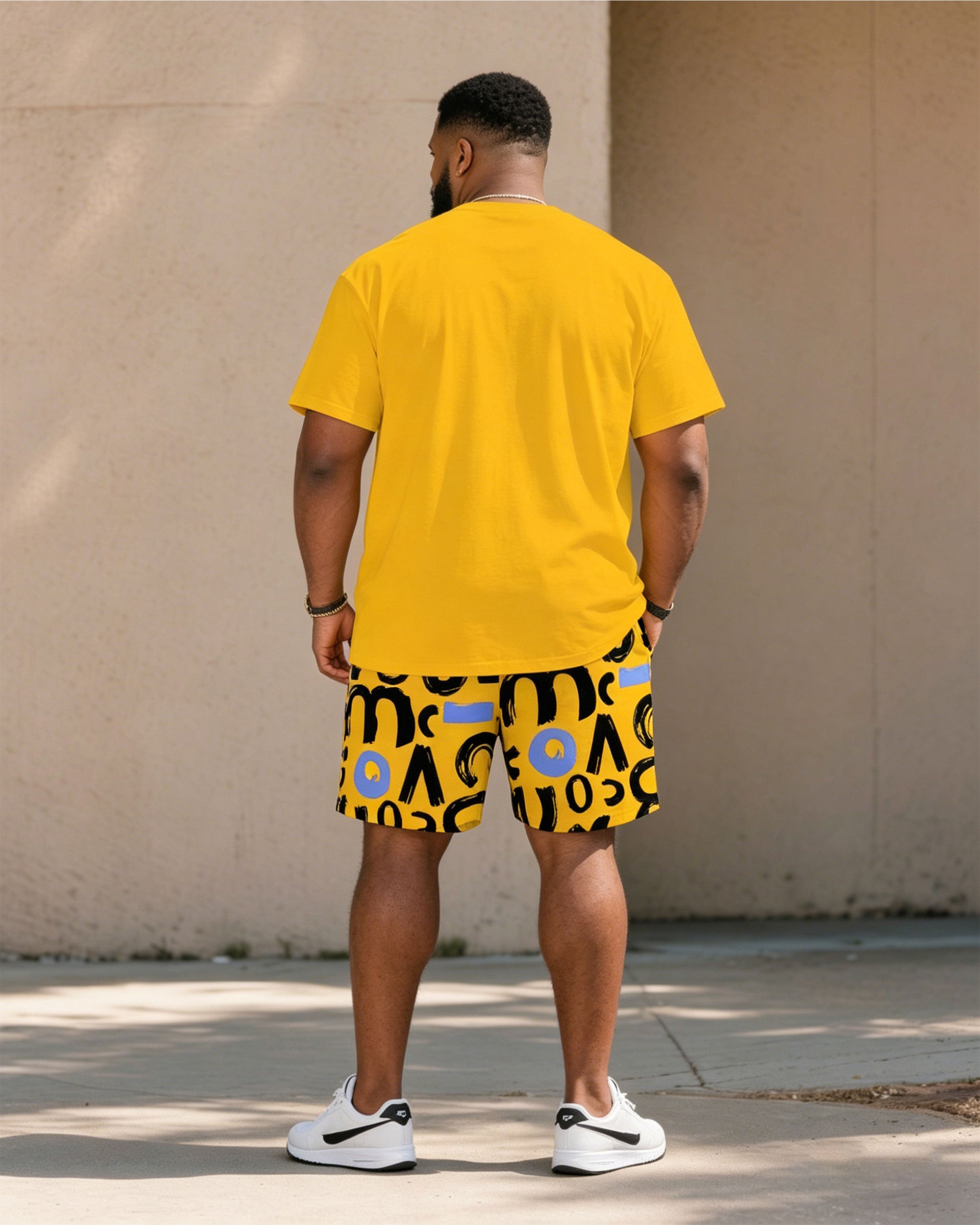 Big & Tall Men' Fashion Street Yellow Short Sleeve T-shirt Shorts Set
