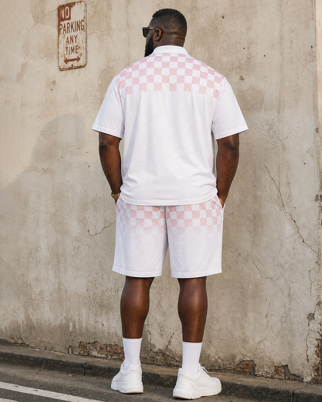 Big & Tall Men's White & Pink Checkerboard Gradient Business POLO Shirt Short Sleeve Shorts Set