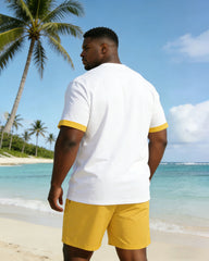 Big & Tall Men's Yellow Jacquard Chest Positioning Printed Short Sleeve T-shirt Shorts Set