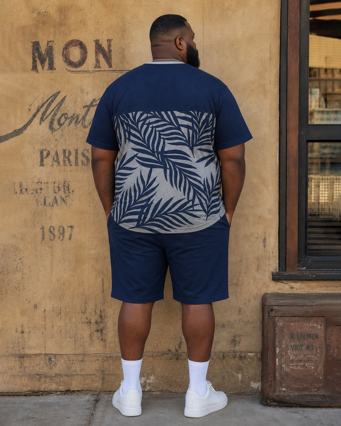 Big & Tall Men's Leaf Simple Printed Stitching Short Sleeve T-Shirt Shorts Set