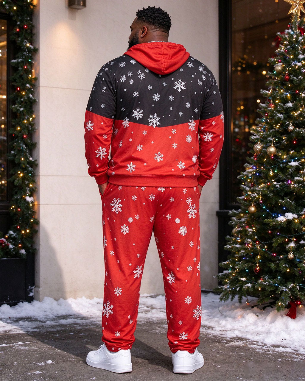 Large Size Men's Autumn And Winter Warm Red & Black Snowflake Santa Hoodie Sweatpants Set