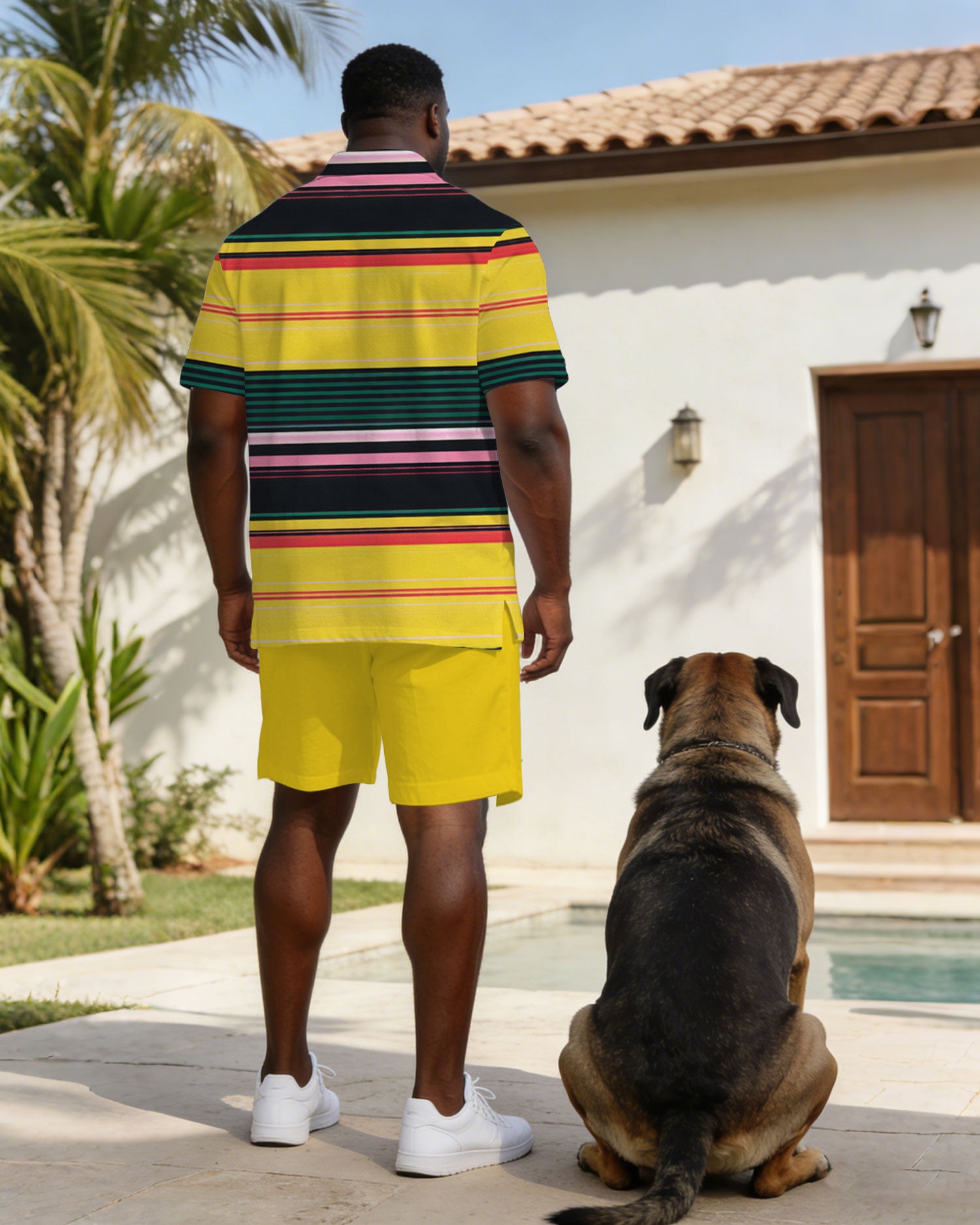 Business Casual Yellow Striped Polo Shirt Short Sleeve Set Large Size Men