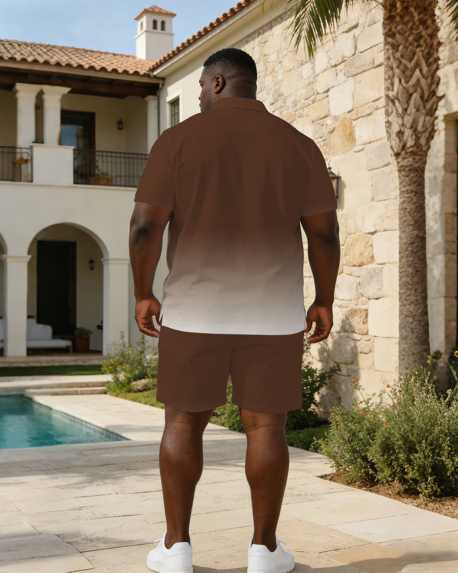 Men's Plus Size Brown Gradient Small Label Printed Short Sleeve Polo Shirt Shorts Set