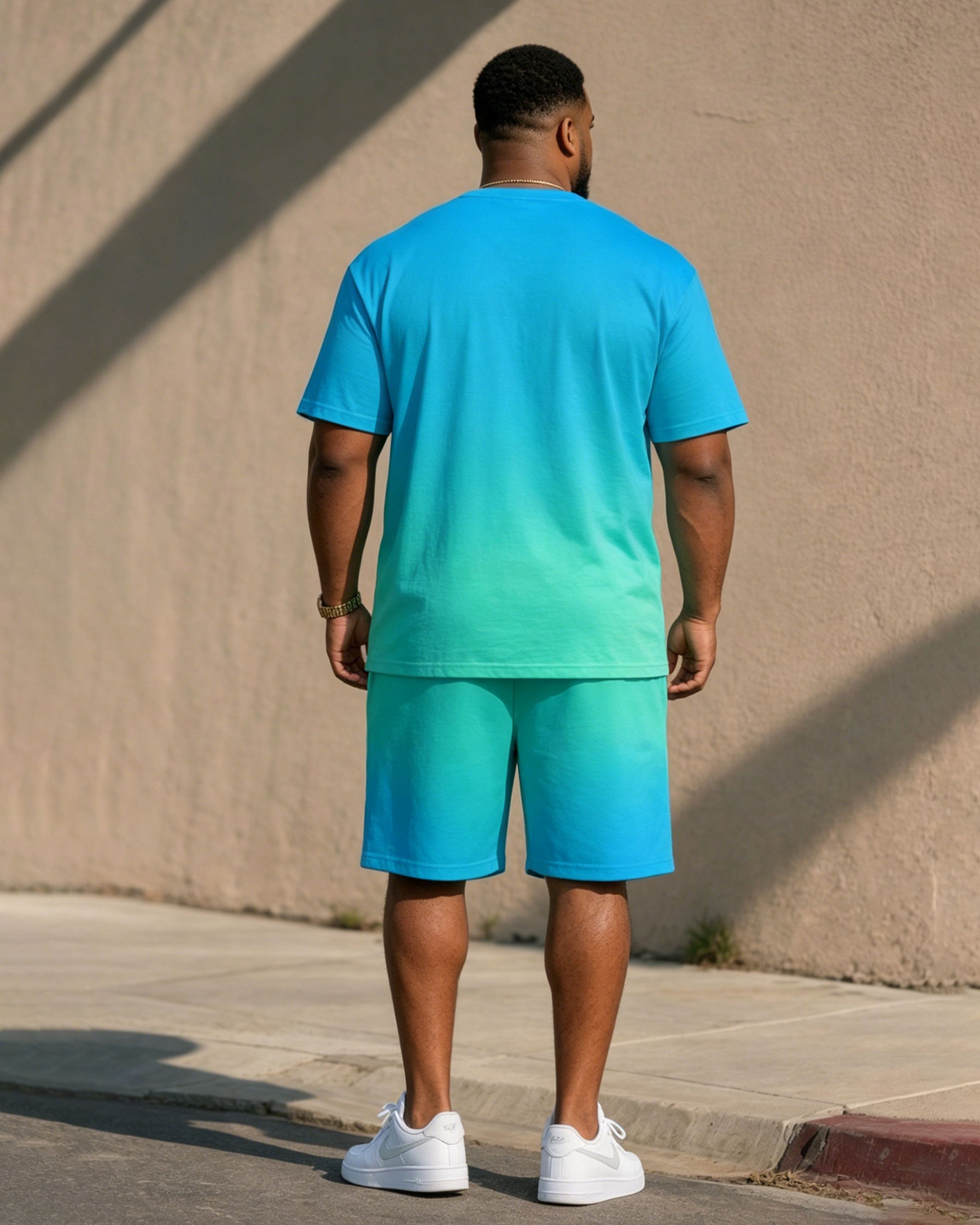 Big & Tall Men's Blue Gradient Chest Coconut Tree Simple Hawaiian T-Shirt Shorts Set